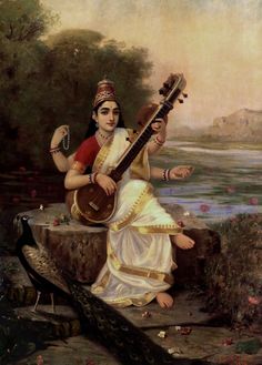 a painting of a woman playing the sitar