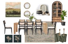 a dining room with chairs, rugs and other items in the design board for an interior decorating project