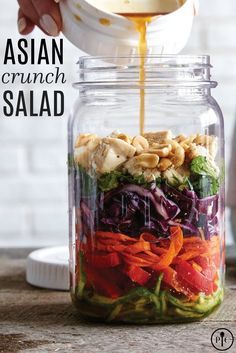 Asian Mason Jar Salad Recipes, Asian Salad In A Jar, Asian Mason Jar Salad, Noodle Jars Recipes, Asian Crunch Salad, Salad In A Mason Jar, Jar Lunches, Carrots And Cucumbers, Mason Jar Meal Prep