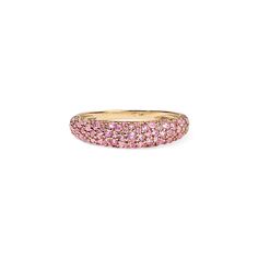 The Pink Sapphire Pave Stack Ring is encrusted with precious, glittering pink sapphires extending halfway around the band. The thickness of the band combined with the pave setting makes for a bold yet elegant piece of jewelry, perfect for making a statement or adding a pop of color to any outfit. Available in 14K White, Yellow, and Rose Gold Gemstone weight = 0.60 carats Ring width = 4.80mm Gemstones are natural, therefore colors may vary Pink Diamond Half Eternity Band, Pink Half Eternity Diamond Band, Luxury Pink Half Eternity Rings, Pink Sapphire Pave Setting Ring, Pink Sapphire Ring With Pave Setting, Fine Jewelry Pink Ruby Ring With Single Cut Diamonds, Pink Pave Setting Ring, Pink Stackable Diamond Ring, Pink Pave Setting Ring Jewelry