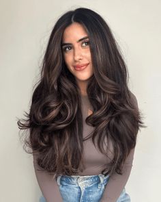 Radiant Chestnut Waterfall Lived In Dark Brown Balayage, Espresso Highlights On Dark Hair, Caramel Balayage On Dark Brown Hair, Colour 2023, Espresso Hair, Heavy Highlights, Voluminous Waves, Dark Fall Hair, Baby Lights