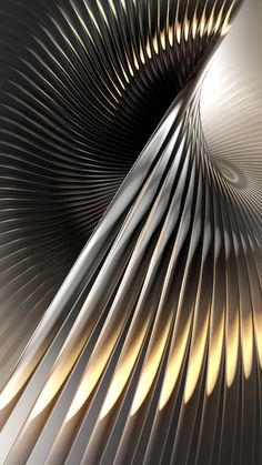 an abstract image of lines and curves in gold, silver and black colors with light shining through the center