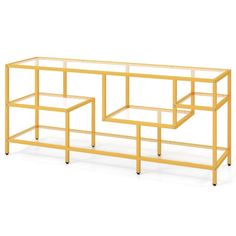 three yellow shelves with glass tops and metal legs, one on each shelf is empty