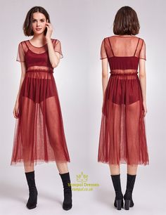 Burgundy Sheer Tulle Overlay Short Sleeve A-Line Tea Length Dress | Vampal Dresses Sheer Dresses Outfit, Tulle Party Dress, Mesh Overlay Dress, Tea Length Dress, Causal Dresses, Tea Length Dresses, Layer Dress, Mode Inspo, Tea Length