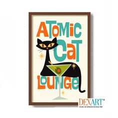 a poster with an image of a cat holding a martini in it's paws