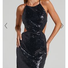 Black Sequin, Split At The Skirt, Cut Out Detail Flirty Black Mini Dress For Prom, Black Sequined Mini Dress For Prom, Flirty Black Mini Dress With Sequins, Dresses Sequin, Sequin Halter, Halter Strap, Sequin Mini, Sequin Mini Dress, Black Sequins