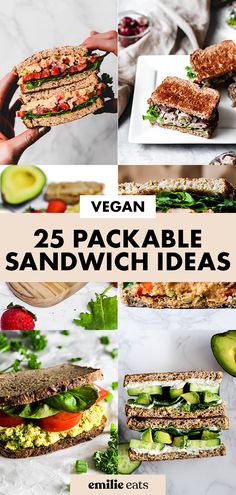 vegan sandwiches with the words 25 packable sandwich ideas on top and below them