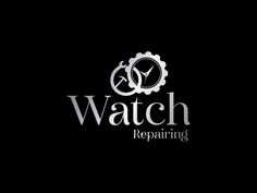 the watch repairing logo is shown on a black background with white letters and an image of a