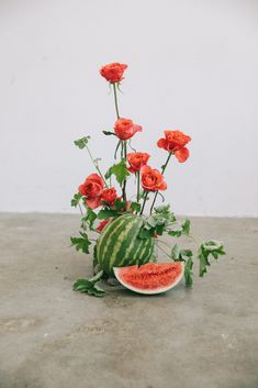 a watermelon and roses arrangement in a vase