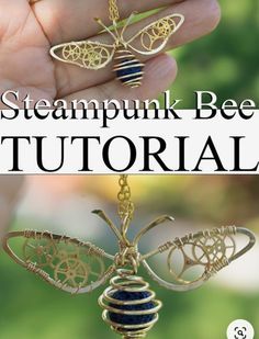 a hand holding a gold and black necklace with the words steampunk bee on it