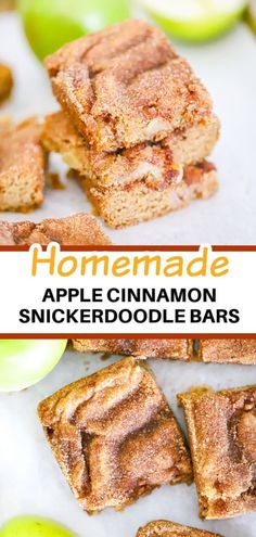 homemade apple cinnamon snickkerdoodle bars are stacked on top of each other