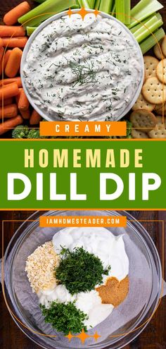 homemade dill dip recipe with carrots, celery and crackers on the side