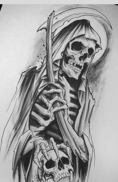 a drawing of a skeleton with a sculler in his hand and a skull on the other side