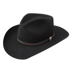 The new Woodrow hat from Stetson features a stunning 3-cord leather hat band and buffalo nickel. 
Brim: 3.5 inches 
Crown: 4.25 inches 
Color: Black 
Material: Pure Wool Stetson Cowboy Hats, Western Hat, Buffalo Nickel, Leather Hat, Western Hats, Leather Hats, Black Hat, Hat Band, Cowboy Hat