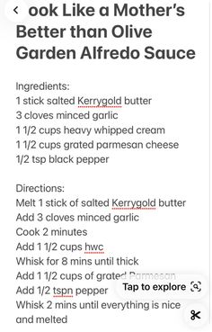 the recipe for garden alfredo sauce is shown in black and white, with instructions to make it