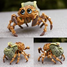 four pictures of a spider made out of clay and paper mache, with eyes wide open