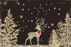 a reindeer with a red bow is standing in the snow surrounded by trees and stars