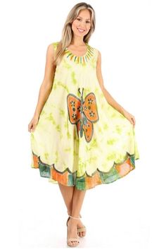 Sleeveless dress features embroidered butterfly, relaxed fit and soft tie dye cotton fabric in beautiful colors. Women's sleeveless cotton dress features beautiful colors and easy comfortable style. Casual Sleeveless Butterfly Print Dresses, Sleeveless Butterfly Print Beach Dress, Sleeveless Butterfly Print Dress For Vacation, Tie Dye Free Size Dress For Spring, Spring Tie Dye Free Size Dresses, Dye Cotton Fabric, Sleeveless Cotton Dress, Mid Length Dress, Embroidered Butterfly