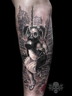 a person with a gas mask on their leg