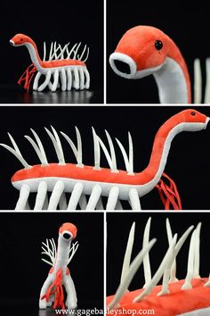 four different views of an orange and white toy dinosaur with long, curved legs that look like teeth