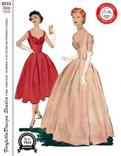 1953-Gorgeous Evening Gown-Cocktail Dress-Divine Draped Bodice & Sleeve-PRINT-AT-HOME-Sewing Pattern-Instant Download-Size 16-20 Ready Made Pattern, Cocktail Length Dress, Draped Bodice, Sewing Instructions, Scale Pattern, Gown Pattern, Pattern Pieces, Floor Length Skirt, Belt Style