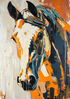 a painting of a horse with orange and blue colors