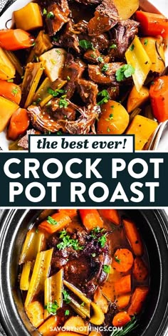 crock pot roast with carrots and potatoes in a white bowl