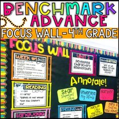 a bulletin board with colorful writing on it and the words penmark advance focus wall 4th grade