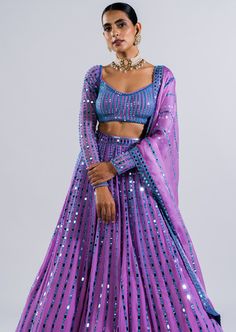 Real hand cut mirror heavily embellished lehenga with full sleeve mirror work blouse . Mauve Lehenga, Vani Vats, Purple Lehenga, Mirror Work Lehenga, Mirror Work Blouse, Indian Outfits Lehenga, Georgette Dupatta, Georgette Blouse, Linear Pattern