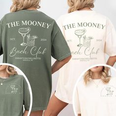 two women wearing matching t - shirts that say the mooney beach club