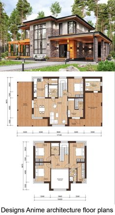 two story house plans with floor plans and measurements for each room, including the living area