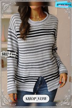 Crew Neck Knitted Casual Striped Shirt & Top Striped Knitted Tops For Layering, Gray Long Sleeve Knitted Tops, Gray Knitted Crew Neck Top, Striped Knitted Long Sleeve Tops, Striped Knitted Crew Neck Tops, Casual Gray Knitted Top, Casual Striped Shirt, Crew Neck Sweaters, Sweaters Online