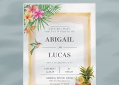 the wedding card is decorated with tropical flowers and pineapples