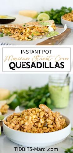 instant pot mexican street food quesadillas in a white bowl with limes and cilantro on the side