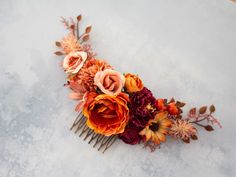 A beautiful flower comb from our new collection. You'll fall in love with beautiful autumn colors. Our lovely floral comb will be a keepsake for many years to come. It is a special touch to your bohemian look! Dimensions are given in centimeters 1 in = 2.54 cm The price is for 1 piece of of the flower comb. Take a look at our other accessories ---> https://www.etsy.com/shop/LolaWhiteShop Thank you for visiting our store! Autumn Headpiece, Bride Hairstyles Updo, Dark Wedding Theme, Sunflower Hair, Bridal Floral Headpiece, Floral Comb, Autumn Bride, Hair Comb Bridal, Flower Comb