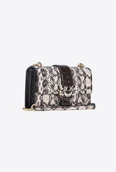 Mini Love Bag One in reptile-print leather with black and white two-tone effect. The glossy, crocodile-print leather strap with slightly raised effect is accompanied by the iconic Love Birds Diamond Cut buckle—in light gold-electroplated metal with black enamel—embellished with opalescent white stones. Inside, it features contrasting lining, a slip pocket and a zipped divider pocket. Complete with a round-link metal chain shoulder strap with an adjustable leather pad. The bag is part of the Limi Luxury Leather Shoulder Bag With Snake Print, Luxury Leather Snake Print Shoulder Bag, Luxury Evening Bag With Snake Print, Luxury Rectangular Snake Print Bag, Luxury Snake Print Evening Bag, Luxury Snake Print Shoulder Bag For Evening, Pinko Bags, Mini Love, White Stones