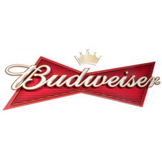 the budweiser logo is shown in red and gold with a crown on top