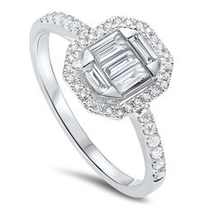 DIAMOND JEWELRY - 14K White Gold Baguette Halo 1/2cttw Diamond Ring Baguette Halo, 14k White Gold Diamond Ring, White Gold Diamond Engagement Ring, Baguette Diamond Rings, Fancy Rings, Jewellery Sketches, Engagement Ring Shapes, Vintage Style Rings, Emerald Cut Diamond