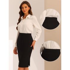 Made of stretch and soft fabric, the Bodycon classic skirt with a side split hem can be convenient for sitting all day or daily walking. A dressy casual pencil skirt designs a wrapped silhouette that hugs the body shows off your curves and makes you look more professional and urban chic. The below-knee-length pencil skirt is perfectly matched with a formal blouse or casual shirt and high heels or flats for work, business, office, party, cocktail, casual or other occasions. Office Skirt Outfits Women, Pencil Skirt Outfits For Work, Bandage Skirt Outfit, Chic Stretch Pencil Skirt, Short Length, Non-stretch Black Office Skirt, Black Pencil Skirt For Office, Office Lady Style, Sleek High-waisted Black Pencil Skirt, Blue Blouse Outfit, Pencil Skirts