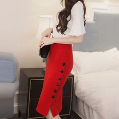 Women Vintage Office Skirts High Waist Side Buttons Slit Pencil Skirts Ladies Summer Sexy Slimming Pencil Skirt Casual, Fashion Tips For Girls, Robes For Women, Nature Dress, Office Skirt, Pleated Long Skirt, Trendy Skirts, Dress Women Elegant, Womens Maxi Skirts