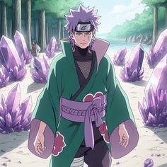 an anime character with purple hair wearing a green kimono and standing in front of trees