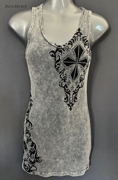 New Womens Vocal Apparel embellished gray mineral dyed cross sleeveless tank top Size Small Beautiful gray black tank top embellished with stones. The front, hips AND back are covered in stones. Beautiful mineral dyed tones.  Sold out with Vocal/Old School Style. V Neckline. Just GORGEOUS Made in USA by Vocal Apparel I have been selling Vocal clothing for 16 YEARS now and just LOVE this brand! 100% Cotton Measured without stretching - *Small - 13" across chest - 28" shoulder to hem BE VOCAL - STAND OUT IN A CROWD & PUT A GIRL IN IT before it's gone! XOXO Lisa - Put a Girl In It Old School Style, Clothing Designs, School Style, Black Tank Top, School Fashion, Sleeveless Shirt, Black Tank, Sleeveless Tank Top, Fancy Dresses