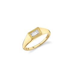 Gold & Diamond Fluted Baguette Signet Ring - Sydney Evan Fine Jewelry Classic Gold Baguette Diamond Ring, Elegant Diamond Ring With Fluted Bezel For Anniversary, Classic Gold Baguette Ring, Timeless Diamond Ring With Baguette Diamonds, Timeless Diamond Ring With Fluted Bezel, Timeless Baguette Cut Diamond Ring, Timeless Signet Ring With Single Diamond, Timeless Gold Baguette Diamond Ring, Modern Yellow Gold Signet Ring With Baguette Cut