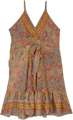 A spaghetti tie strap dress that effortlessly combines nature`s elegance and charm in it`s pink and yellow princess paisley print. This dress features a flowy silhouette, a smocking elastic at the back, that gracefully drapes around the body, creating a sense of movement and sensual grace. #tlb #vacationclothing #beachwrap #Printed #bohemianfashion #BohoDress #RetroDress Beachwear Dress With Tie Straps And Sleeveless Design, Orange Sundress With Tie Straps, Multicolor Paisley Print Mini Dress For Summer, Multicolor Paisley Print Summer Dress, Summer Multicolor Paisley Print Dress, Bohemian Flowy Mini Dress With Spaghetti Straps, Sleeveless Boho Print Mini Dress For Summer, Yellow Spaghetti Strap Beachwear Dress, Flowy Sleeveless Sundress With Tie Back