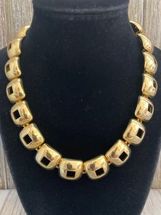 "Amazing ANNE KLEIN Modern Gold Statement Collar necklace Circa 1980's-90's Excellent condition Signed Anne Klein Very nice quality and weight Gold finish Modern Look Statement making necklace Toggle closure 17\" overall length, .8\" wide" Retro Gold-tone Metal Necklace, Retro Gold Metal Necklace, Gold-tone Costume Jewelry Necklaces For Evening, Retro Gold Choker Necklace, Retro Formal Jewelry With Chain Detail, Retro Formal Chain Necklace, Retro Metal Necklace For Evening, Retro Chain Necklace For Formal Occasions, Formal Retro Chain Necklace