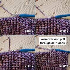 three pictures showing how to crochet the yarn