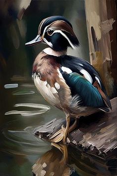 a painting of a wood duck sitting on a log in the water with its reflection