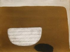 an abstract painting with white and black lines in the center, on brown ground next to a round hole