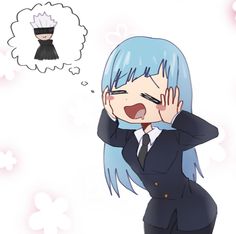 an anime character with blue hair has her hand on her head and is looking at a thought bubble