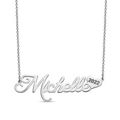 Get high honours with this remarkable graduation gift! Personalize this posh and classic style necklace with the name of your choice, up to twelve characters in length, sculpted in an elegant script font with a heart-shaped accent on the end engraved with her 4-digit graduating year to complete the look. The design is centered along a 16.0-inch cable chain, with a 2.0-inch extender, that secures with a spring-ring clasp. Polished to a brilliant shine, this necklace is the perfect graduation surp Elegant Customizable Necklace For Anniversary Gift, Elegant Customizable Necklace For Anniversary, Formal Initials Nameplate Necklace, Formal Nameplate Initials Necklace, Classic Formal Name Necklace With Initials, Personalized Elegant Heart Pendant Name Necklace, Classic Personalized Necklaces For Anniversary, Classic Personalized Necklace For Anniversary, Classic Personalized Anniversary Necklace